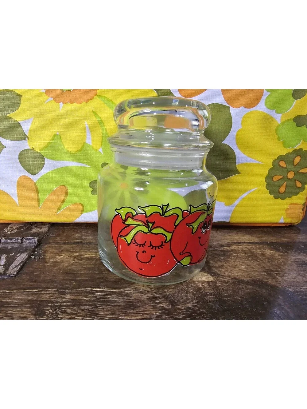 Vintage 1970’s  Hildi Happy Tomatoes  Glass Canister Jar With Lid 5 1/2” Tall
